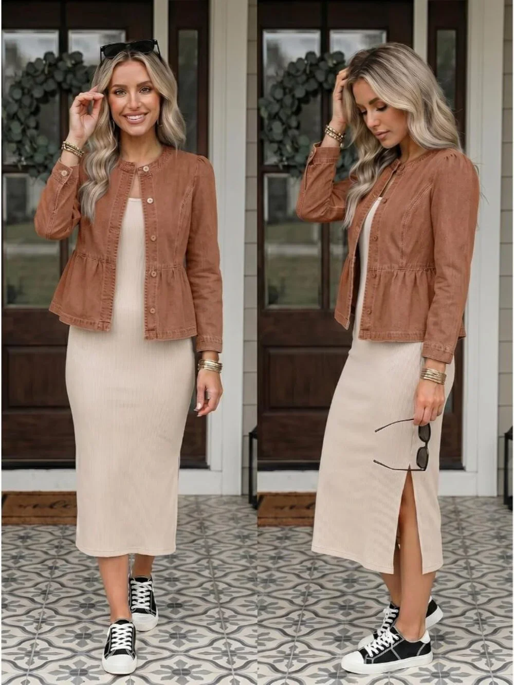 Women's Brown Button Down Long Sleeve Collarless Cinched Waist Denim Jackets
